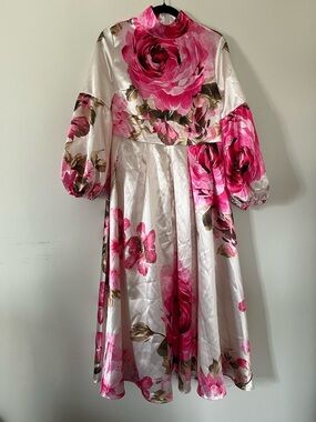 Rose Floral Satin Silky Maxi Dress Medium Pink White Puff Sleeve Glam Feminine